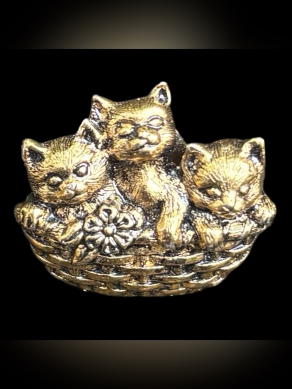 Vintage 1990 Avon Basket of Love Kittens Brooch Pin Gold Tone
